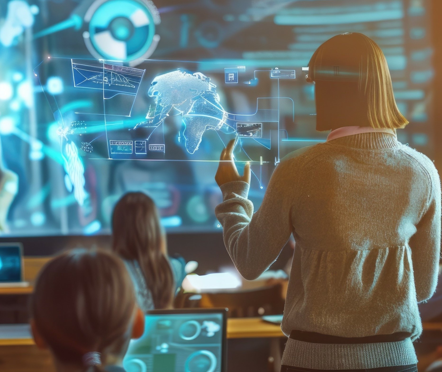 Person interacting with a 3D digital interface, representing futuristic technology and virtual innovation.