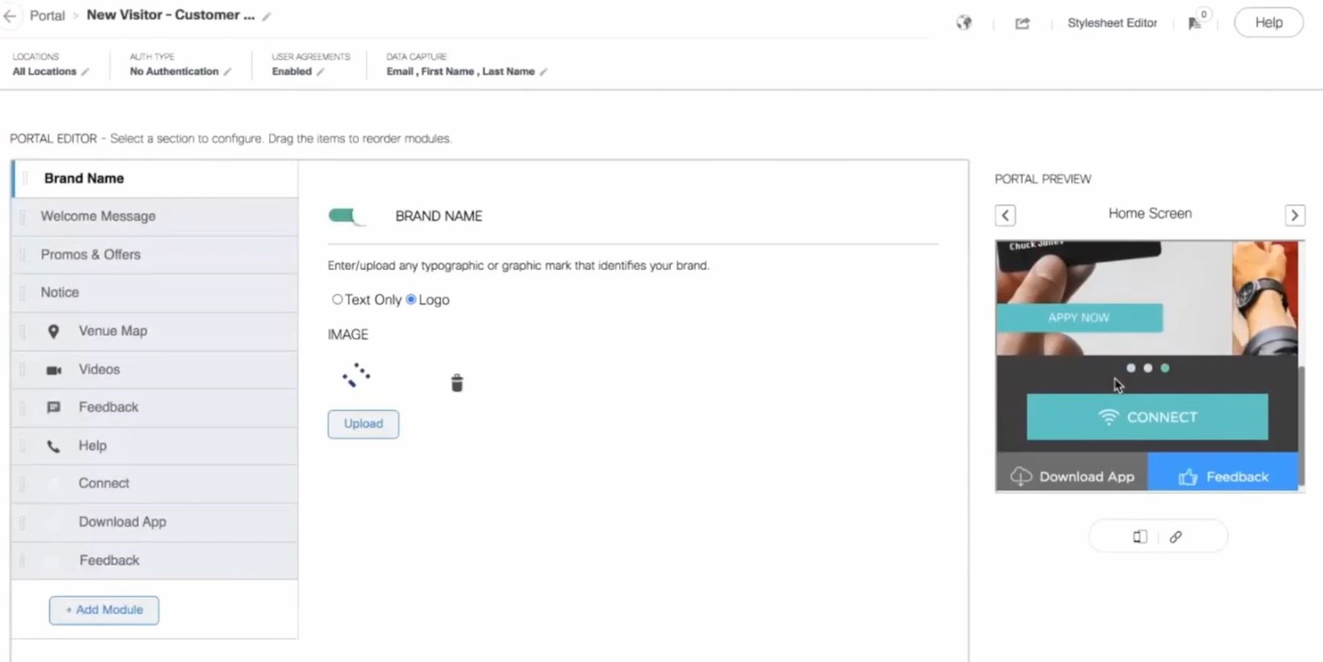 Customisable dashboard for Wi-Fi network with options to personalise brand name, welcome message, offers, and video content for users connecting to the network