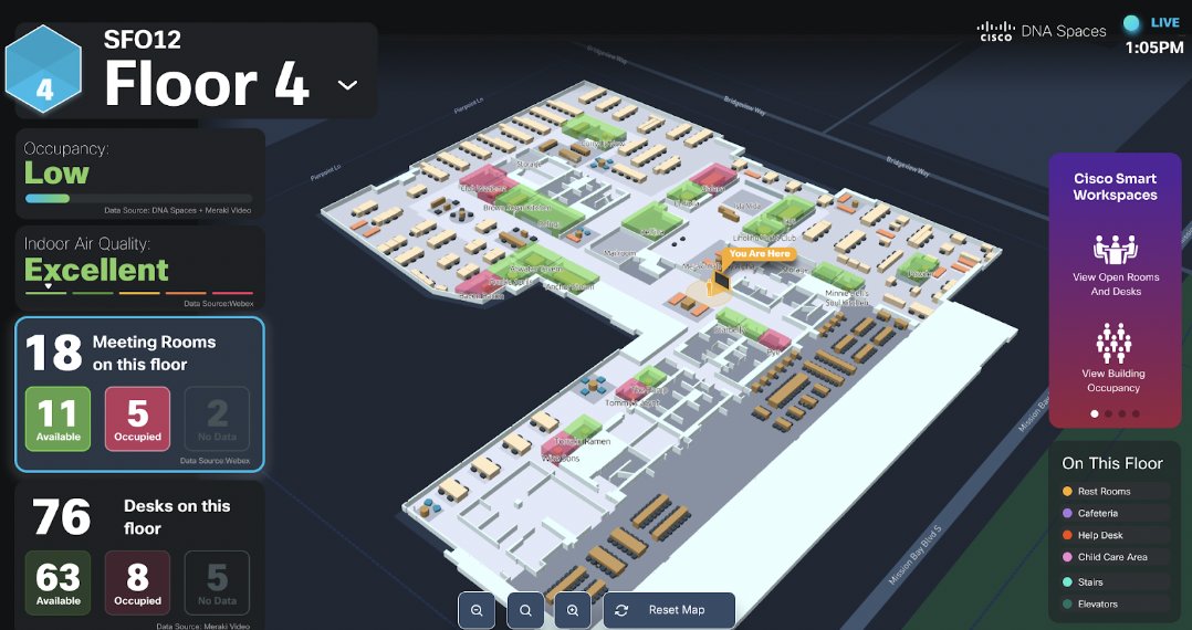 Interactive floor plan showing real-time occupancy, air quality, availability of meeting rooms, and desk occupancy on a specific floor