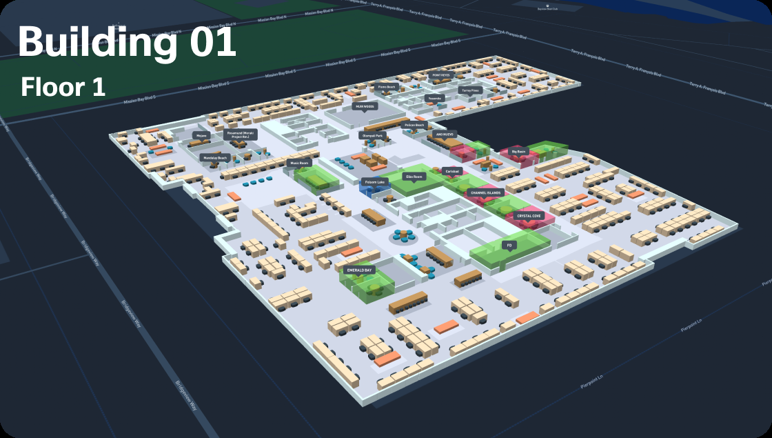Interactive floor plan showing real-time occupancy, air quality, availability of meeting rooms, and desk occupancy on a specific floor